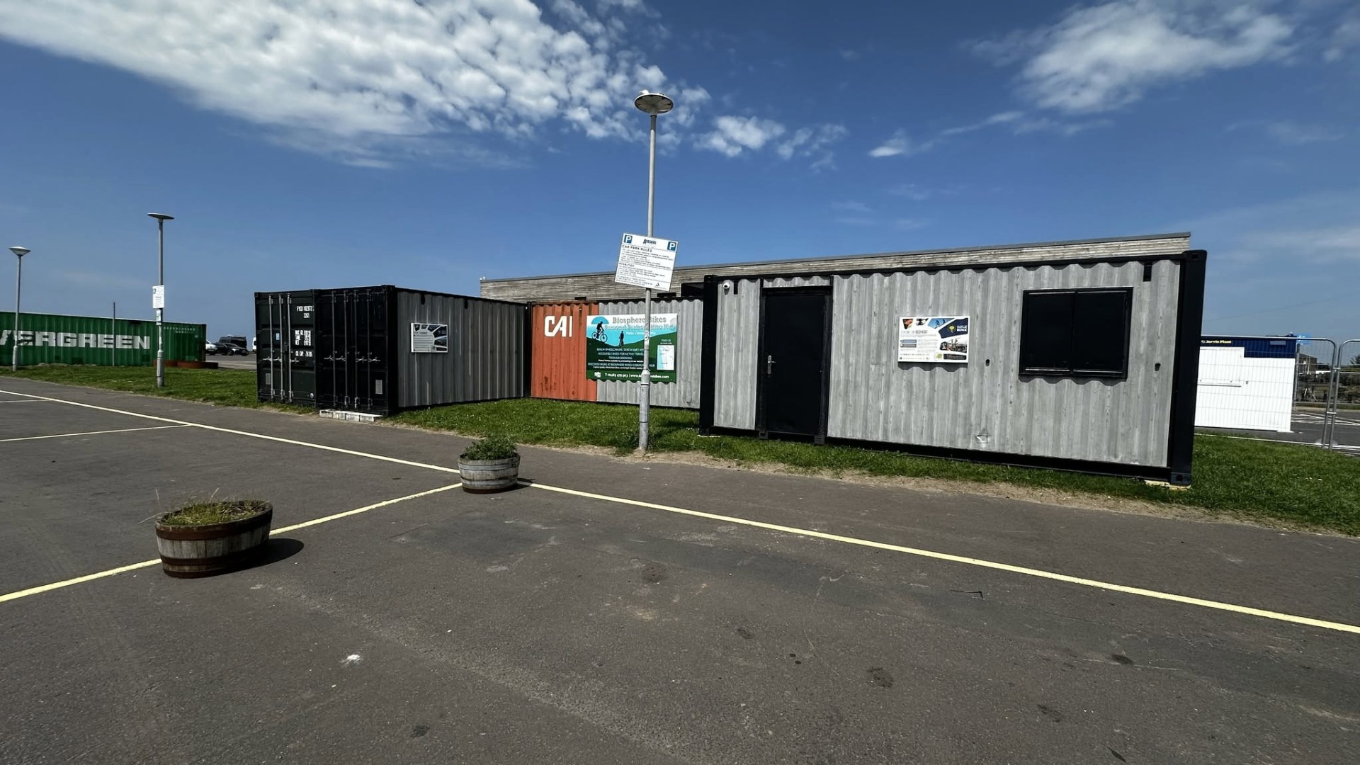The Biosphere Bikes shipping container hub on Girvan seafront, showing the current temporary setup.
