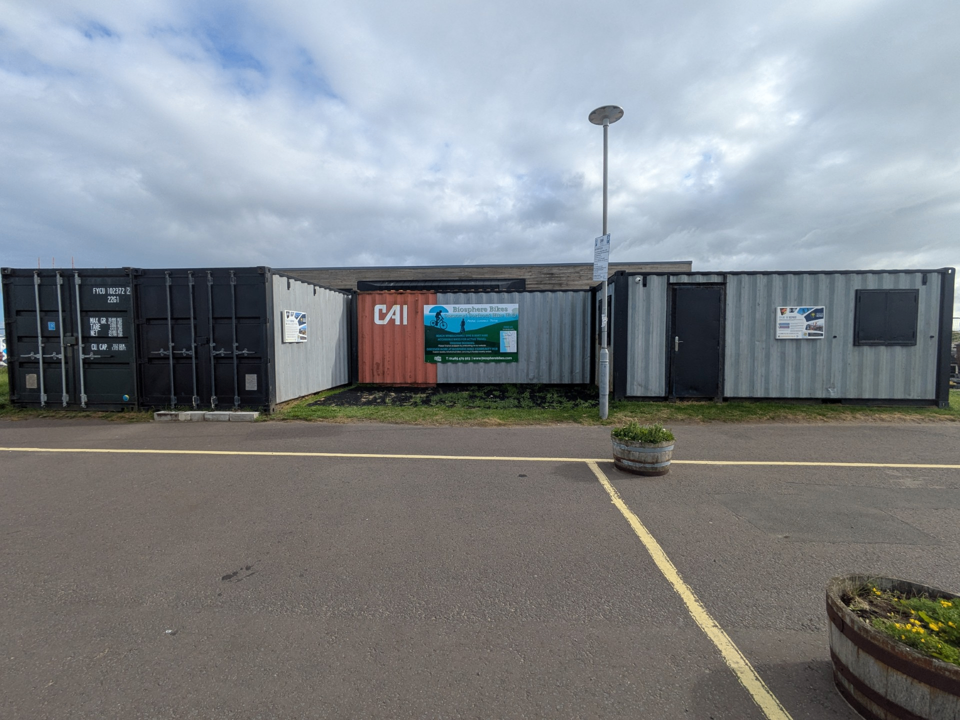 The current Biosphere Bikes hub on Girvan seafront, made of adapted shipping containers.