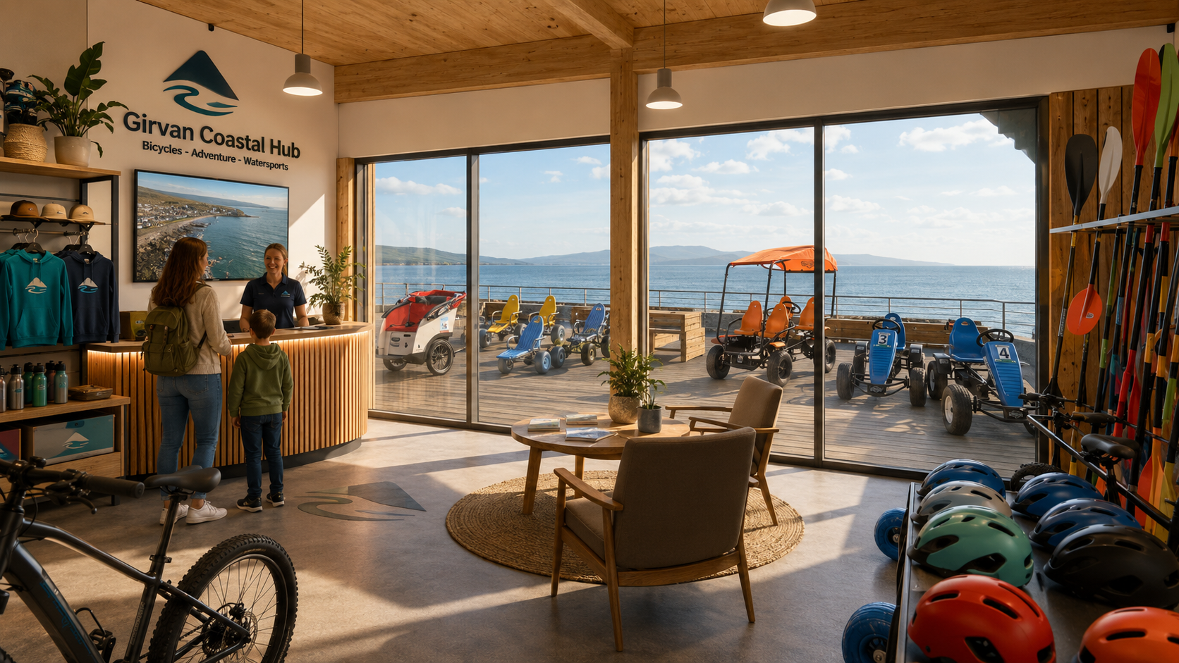 Interior of the Girvan Coastal Hub showing the reception, helmets and paddles with sea views beyond.