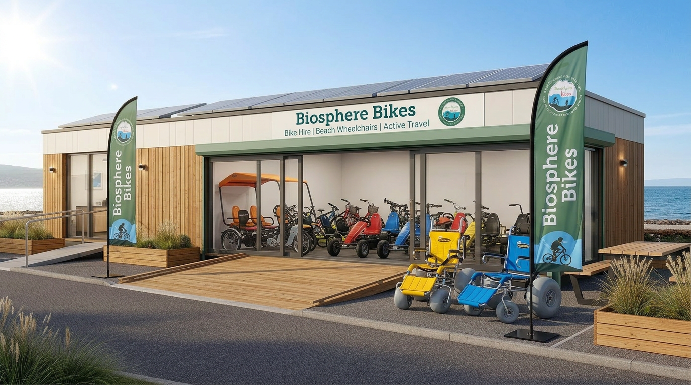 Concept rendering of a bespoke modular coastal hub with three units, solar panels and accessible entrance.